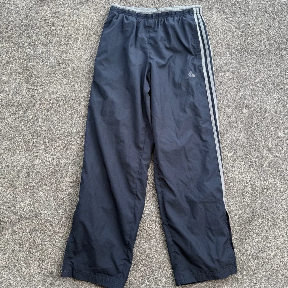 Adidas Mens Navy Blue Grey Stripe Wind Track Pants Small Ankle Zip Athletic